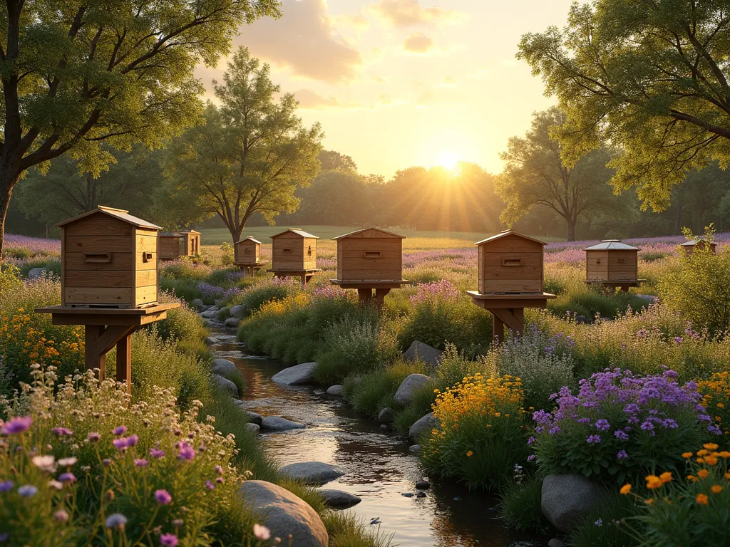 Minecraft-Inspired Bee Garden Paradise - A serene and enchanting garden sanctuary at golden hour, featuring geometric hexagonal beehives elevated on rustic wooden platforms amidst a vast wildflower meadow. The wide-angle shot captures multiple white oak beehives seamlessly integrated into a terraced landscape, surrounded by waves of lavender, cosmos, and wild daisies. A gentle stream meanders through the garden, creating small pools where bees gather to drink. Natural stone pathways wind through the flower beds, while honeybees dance among the blooms. Rays of warm sunset light filter through nearby maple trees, casting a magical glow on the scene. The garden includes wooden pergolas draped with flowering vines, creating additional vertical interest and bee-friendly zones.