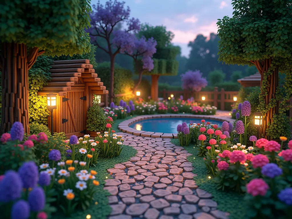 Enchanted Minecraft Cottage Garden at Dusk - A whimsical cottage garden at dusk, captured in wide-angle Minecraft style, featuring a winding cobblestone path weaving through lush flower beds. Sweet berry bushes and climbing vines adorn rustic wooden fences. A small, crystal-clear pond reflects the warm evening light, surrounded by colorful flowers and oak trees. Glowing lanterns line the pathway, creating a magical atmosphere. The garden includes traditional cottage flowers like roses, tulips, and lilacs in pixelated form. A charming wooden gate marks the entrance, partially covered in flowering vines. Gravel details accent the path edges, while fireflies add ethereal lighting to the scene. Photorealistic, highly detailed, 4K resolution.