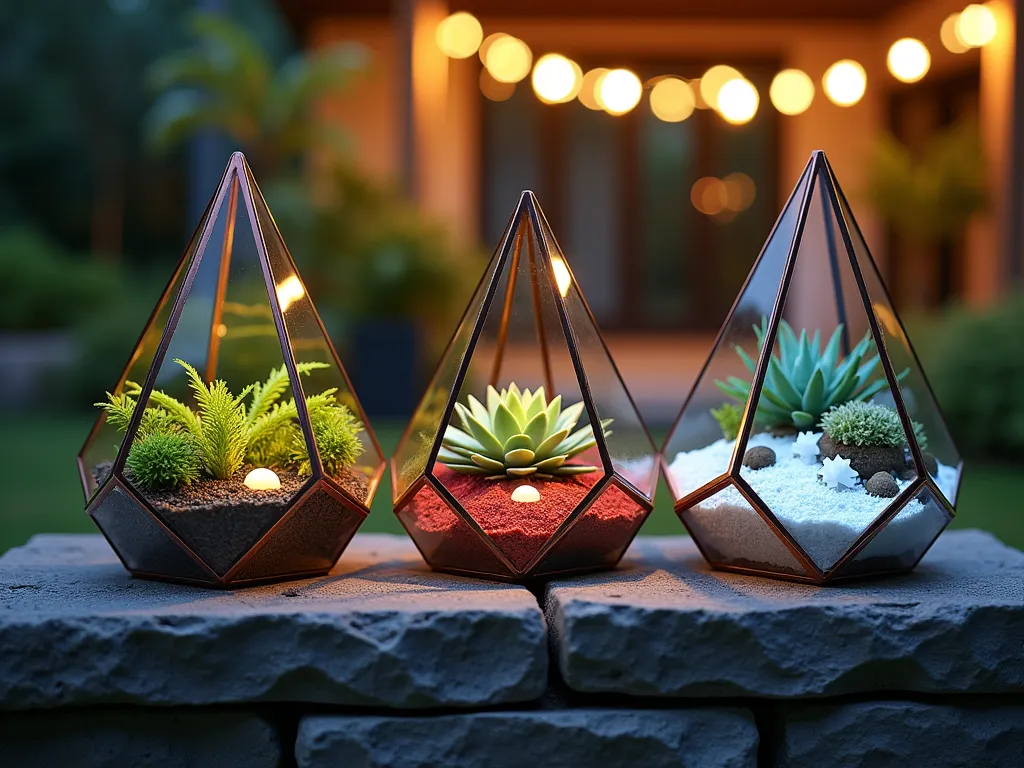 Minecraft-Inspired Glass Terrarium Garden - A stunning close-up shot of three interconnected geometric glass terrariums at dusk, backlit by warm ambient garden lighting. Each terrarium contains a distinct miniature ecosystem: a lush tropical rainforest with small ferns and moss, a desert landscape with tiny succulents and red sand, and a snowy tundra scene with white crystals and ice-blue accents. The terrariums are constructed with modern angular glass panels and copper edges, creating a pixel-like aesthetic reminiscent of Minecraft. Positioned on a rustic stone garden pedestal, surrounded by subtle LED ground lighting that casts dramatic shadows. The background shows a blurred modern garden space with string lights creating bokeh effects. Shot with shallow depth of field focusing on the intricate details within the terrariums.