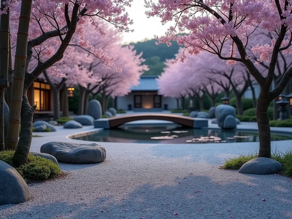 Minecraft-Inspired Japanese Zen Garden at Twilight - A serene Japanese Zen garden at twilight, photographed with a wide-angle lens capturing the entire space. In the foreground, meticulously raked geometric patterns in light gray gravel create flowing ripples, punctuated by carefully positioned large stone blocks. A wooden bridge arcs over a tranquil koi pond where coral fans sway beneath the water's surface. Tall bamboo stalks line the garden's perimeter, their leaves casting delicate shadows. Pink cherry blossom trees with dense, cotton-candy-like foliage provide a ethereal canopy, with some petals scattered on the gravel below. Stone lanterns emit a soft, warm glow, creating dramatic shadows across the textured ground. The scene is captured in high resolution with perfect depth of field, highlighting both the intricate gravel patterns and the distant landscape elements.