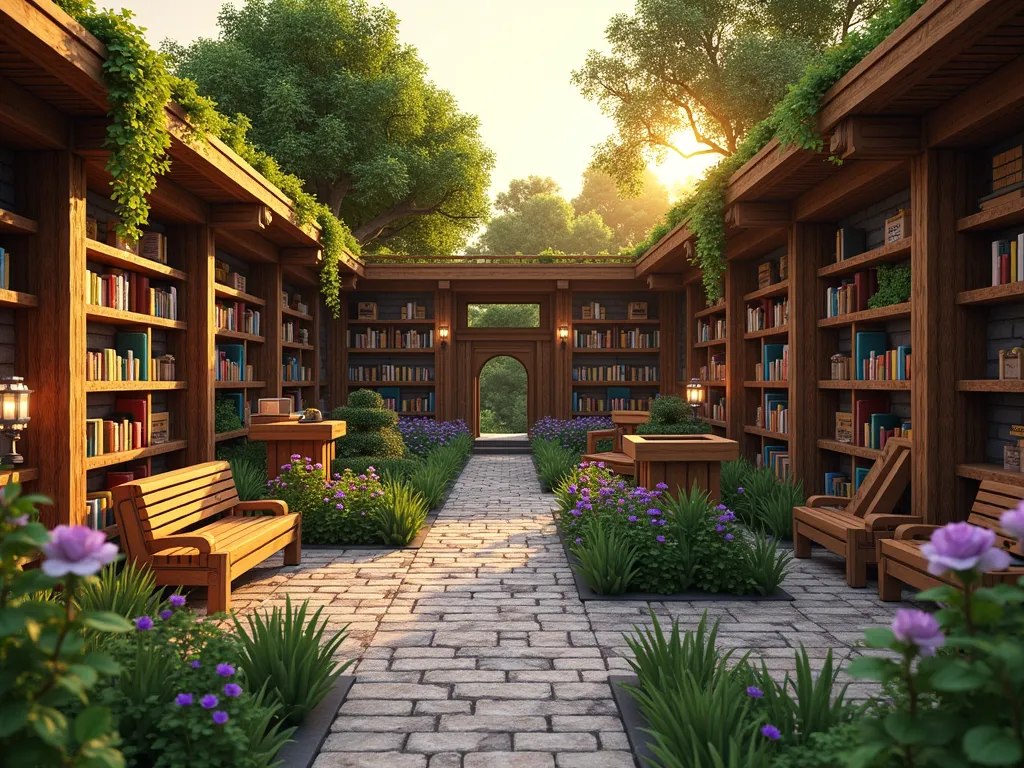 Enchanted Minecraft Library Garden Sanctuary - A serene outdoor library garden at golden hour, photographed with a wide-angle lens capturing a cozy reading nook nestled within a lush Minecraft-inspired landscape. Weathered stone bookshelves protected by elegant wooden overhangs line the perimeter, while oak lecterns stand on cobblestone paths. Comfortable bench seating areas are surrounded by blooming rose bushes, lavender patches, and tall birch trees. Glowstone lanterns cast a warm ambient light, complementing the setting sun. Hanging vines cascade from the wooden pergola, creating dappled shadows over the reading areas. The garden features a mix of geometric and natural elements, with carefully placed flowering bushes and ornamental grass providing a peaceful atmosphere. Shot at f/8 with natural lighting highlighting the textural details of the stone and wood elements.