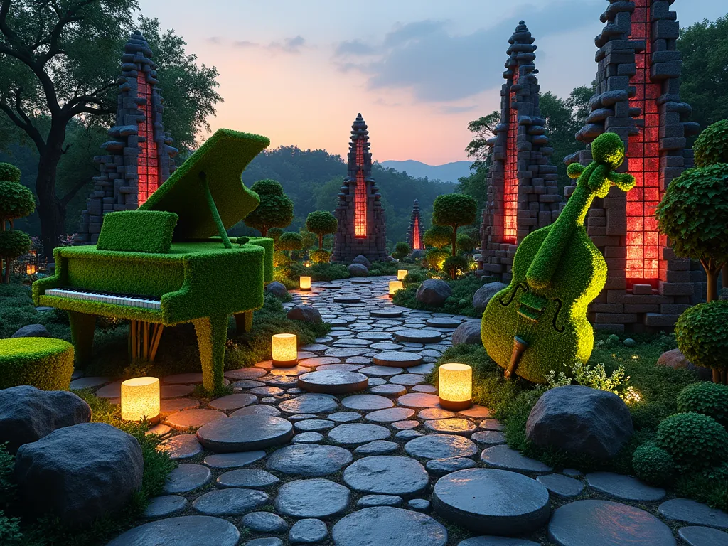 Minecraft-Inspired Musical Garden Paradise - A stunning twilight photograph of a whimsical garden featuring pixel-art-inspired topiary sculptures shaped like musical instruments, including a grand piano and violin crafted from emerald-green boxwood. Crystal-clear lanterns illuminate a winding cobblestone path, where hidden speakers disguised as decorative rocks emit gentle melodies. The garden features floating platforms with illuminated musical note patterns, surrounded by cascading pixel-shaped waterfalls. Stained glass pixel art panels catch the golden hour light, casting musical note shadows across the landscape. In the background, towering redstone-like structures pulse with soft red lighting in rhythm with the garden's symphony. The scene is captured with a wide-angle lens, emphasizing the magical atmosphere and the seamless blend of digital aesthetic with natural garden elements.