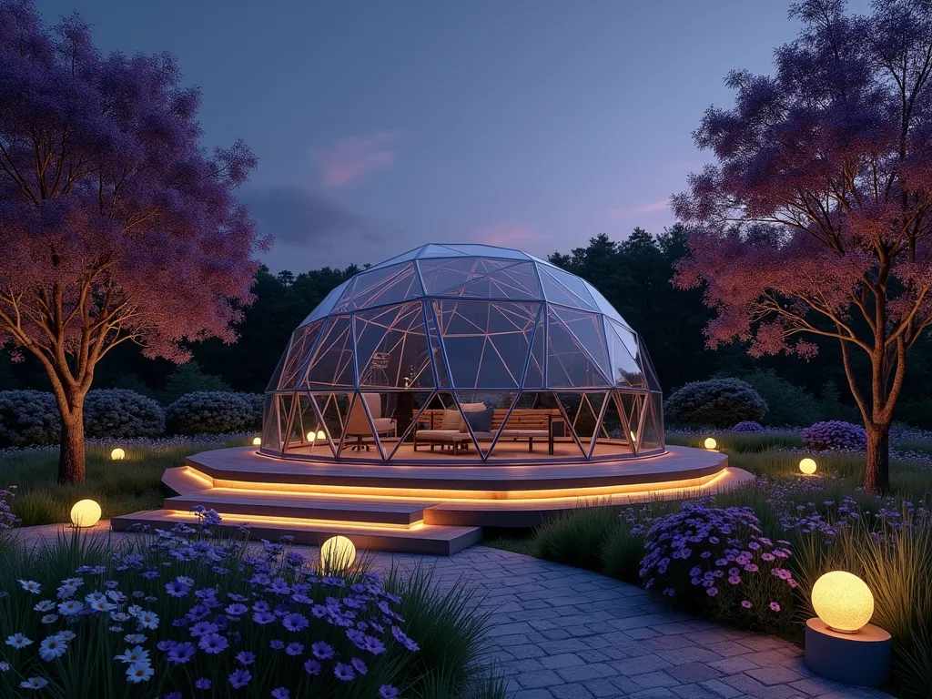 Minecraft-Inspired Stargazing Garden Observatory - A mesmerizing nighttime garden featuring a modern glass geodesic dome observatory surrounded by illuminated pathways. The dome sits atop a raised wooden deck platform, accessed by floating steps. Ambient lighting comes from sophisticated ground-level LED strips and glowing orb lanterns scattered throughout. Japanese maple trees frame the structure, while lavender and white cosmos flowers sway in the foreground. The scene is captured at twilight with the first stars becoming visible through the crystal-clear dome. Shot with a wide-angle perspective to showcase the entire architectural installation against a deep purple-blue sky, with careful attention to the interplay of artificial lighting and natural starlight. Some observatory equipment is visible through the transparent dome, creating an air of scientific sophistication.