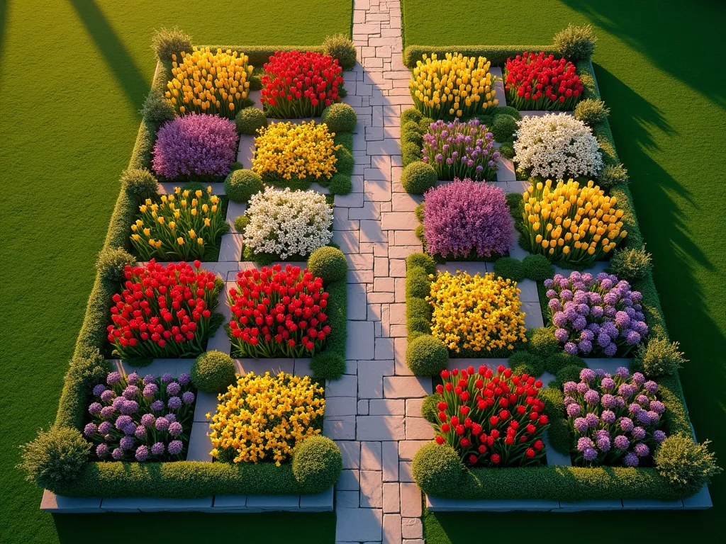 Minecraft-Inspired Pixel Art Garden Vista - Aerial view of a stunning geometric garden design featuring an intricate pixel art pattern created with vibrant flower beds. A mesmerizing mandala-like design combines red tulips, yellow daffodils, purple alliums, and white daisies in perfect square blocks, intersected by stone-paved walking paths that create a grid pattern. The garden is photographed during golden hour, casting long shadows across the carefully manicured pixel blocks. Natural stone pathways wind through the design, allowing visitors to appreciate the artwork from ground level. The garden is bordered by pristine emerald lawn edges and features subtle landscape lighting along the pathways. Shot with a wide-angle lens from a high vantage point to capture the full pixel art pattern in crisp detail, with the warm sunset light enhancing the colors of the flowers.