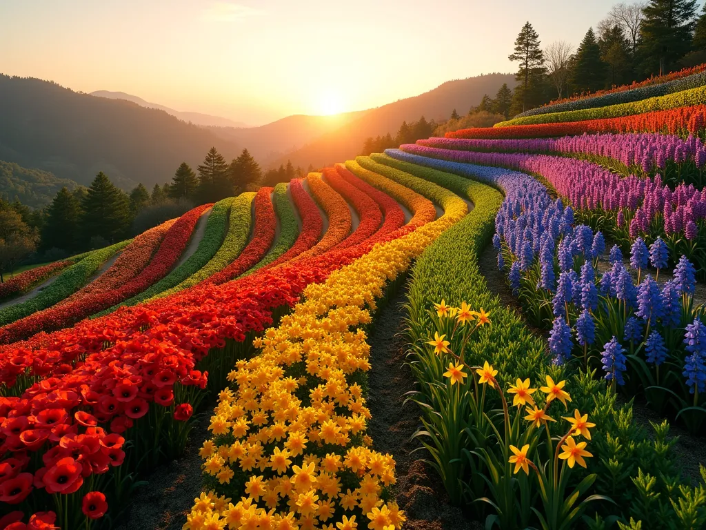 Minecraft-Inspired Rainbow Flower Garden at Sunset - A breathtaking wide-angle photograph of a terraced garden landscape at golden hour, featuring rainbow-colored flower beds arranged in elegant curved waves across rolling hills. The garden showcases vibrant blocks of color transitioning smoothly from red poppies to orange marigolds, yellow daffodils, green ferns, blue delphiniums, and purple lavender. Captured with dramatic lighting as the sun sets, casting long shadows and creating a magical atmosphere with lens flare filtering through the flowers. The pixelated, Minecraft-inspired design aesthetic is subtly reflected in the geometric arrangement of the flower beds, while maintaining a natural, flowing appearance. Shot with a 16-35mm lens at f/2.8, ISO 400, emphasizing the depth and scale of the garden while maintaining sharp detail in the foreground flowers.