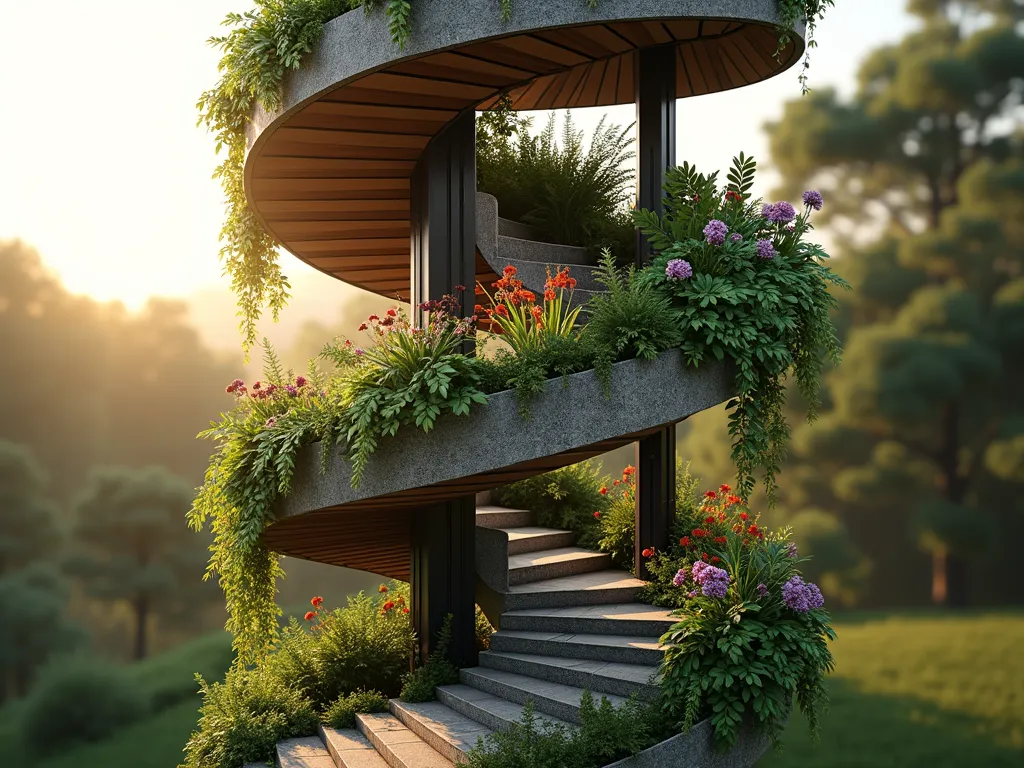 Modern Vertical Garden Spiral Tower - A stunning architectural photograph of a modern spiral garden tower at golden hour, shot from a low angle perspective with a wide-angle lens. The structure features multiple terraced levels ascending clockwise, each tier showcasing vibrant hanging gardens with cascading plants. The tower incorporates sleek stone stairs and wooden platforms, decorated with a mix of flowering plants and edible crops. Soft evening sunlight filters through the foliage, creating dramatic shadows and highlighting the vertical gardening elements. The structure stands approximately 15 feet tall against a blurred natural background, with climbing vines weaving through contemporary steel supports. Photorealistic rendering, volumetric lighting, architectural precision, 8K resolution.