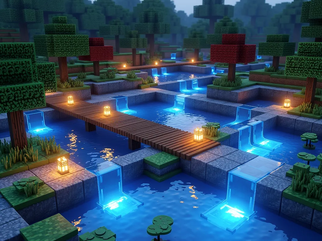 Enchanted Minecraft Water Garden at Twilight - A serene Minecraft-inspired water garden at twilight, featuring multiple interconnected geometric ponds with glowing underwater lights casting a magical blue hue. Wooden bridges with lanterns arch gracefully over the water, connecting small islands decorated with pixel-style trees. Crystal-clear water surfaces are dotted with vibrant lily pads and stylized lotus flowers. Geometric waterfall features cascade between levels, while simplified cubic aquatic plants in various shades of green emerge from the water's edge. The scene is captured from a three-quarter elevated angle, showing the entire garden layout while maintaining the distinctive Minecraft blocky aesthetic. Path lights along the bridges create warm reflections on the water surface, contrasting with the cool blue underwater illumination. Small Japanese maple trees on the islands add splashes of burgundy foliage to the composition.