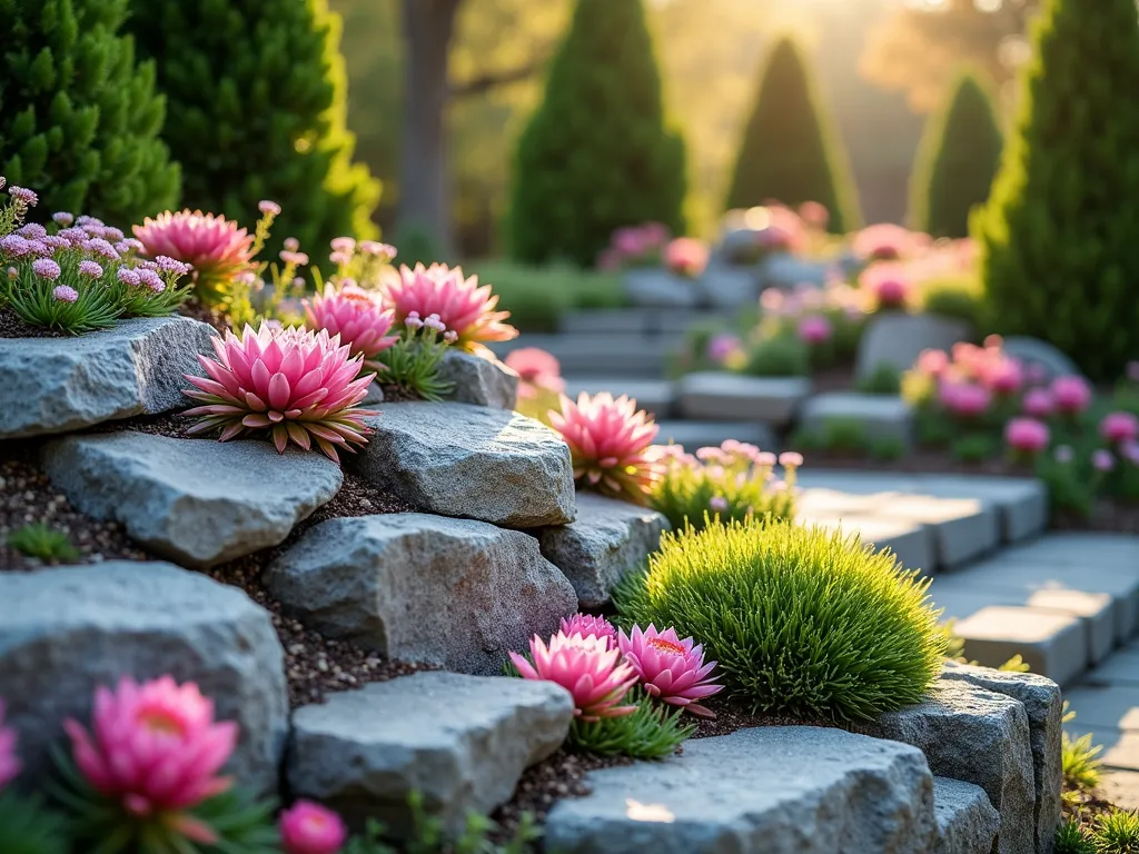 Sunrise Alpine Rock Garden Mound - A stunning wide-angle DSLR photograph of a beautifully crafted Alpine rock garden mound in a backyard setting, captured during golden morning light. The terraced mound features weathered granite and limestone rocks of varying sizes, artfully arranged in a natural-looking cascade. Clusters of pink and white Sempervivum rosettes and delicate Saxifraga flowers emerge between the rocks, creating a tapestry of textures. Morning dew glistens on the drought-resistant plants, while long shadows cast by the rocks add dramatic dimension. The composition shows the full height of the 4-foot mound while maintaining perfect focus throughout, thanks to the f/8 aperture. The background features soft-focused evergreen shrubs, creating depth and context. Photographic quality: sharp, professional, high-resolution, with natural color grading.