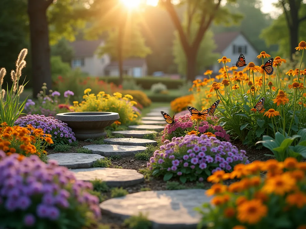 Butterfly Paradise Mound Garden - A dreamy garden photograph of a gently sloping south-facing garden mound dotted with vibrant butterfly-attracting flowers, shot during golden hour. The mound features layers of purple butterfly bush, orange lantana, pink echinacea, and yellow black-eyed susans in full bloom. Natural flat stones are artfully placed throughout, with several monarchs and swallowtail butterflies perched on them, wings spread in the warm sunlight. A shallow, decorative stone bird bath sits near the peak, surrounded by swaying ornamental grasses. The scene is captured with a shallow depth of field, creating a soft, ethereal background while keeping the foreground flowers and butterflies in sharp focus. Dappled sunlight filters through nearby trees, creating a magical atmosphere. Shot with a wide-angle lens to show the full scope of the butterfly garden mound within a residential backyard setting.