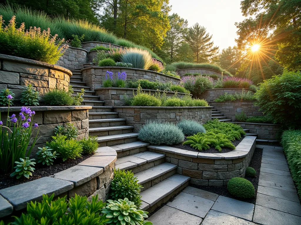 Cascading Living Wall Garden Mound - A stunning terraced garden mound at golden hour, photographed with a wide-angle lens. Multiple curving stone retaining walls create dramatic levels, each featuring integrated planting pockets overflowing with colorful vegetation. Purple salvia, silver artemisia, and cascading creeping thyme spill over the edges of weathered limestone walls. Lush green ferns and coral bells nestle in shadowed pockets, while ornamental grasses sway at the mound's crown. Natural stone steps weave through the levels, and soft evening light casts long shadows across the textured surface. The composition showcases the vertical garden rising approximately 8 feet high, photographed at f/2.8 to create subtle depth of field between the layers. Dappled sunlight highlights the various plants' textures and creates a sense of depth and dimension.