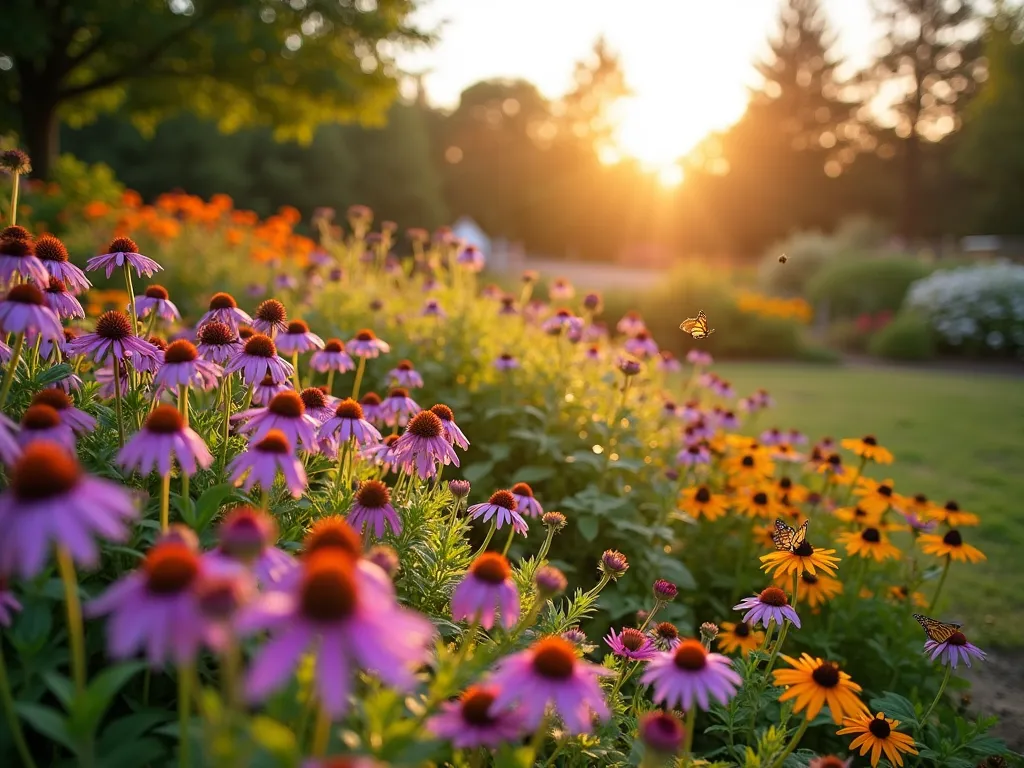 Wildflower Cascade Garden Mound at Sunset - A stunning garden photograph of a gently sloping 4-foot-tall garden mound in a spacious backyard, captured during golden hour. Native wildflowers cascade down the naturalistic slopes in waves of purple coneflowers, black-eyed susans, and butterfly weed. The setting sun casts long shadows across the meadow-like landscape, while monarch butterflies and bees hover over the blooms. Shot with a wide-angle perspective to showcase the mound's integration with the surrounding garden, with soft bokeh effect highlighting the delicate flower details in the foreground. The natural, informal planting style creates a dreamy, prairie-inspired aesthetic with multiple layers of colorful blooms at different heights.