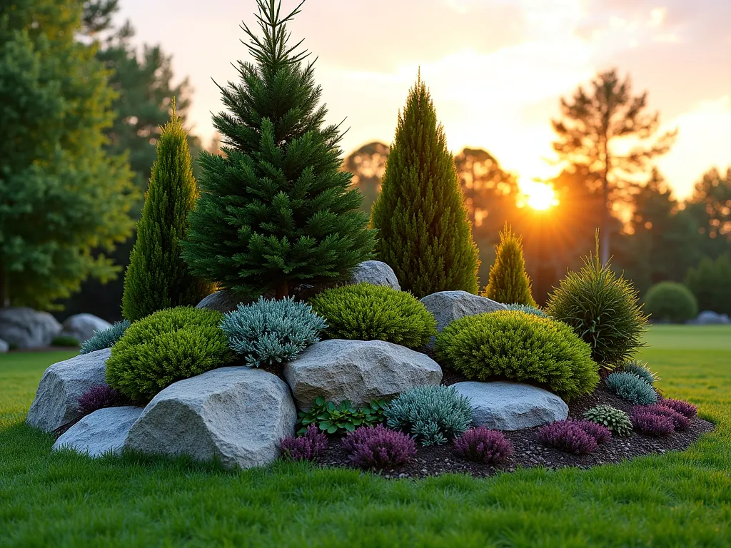 Conifer Garden Mound at Sunset - A beautifully landscaped garden mound at golden hour, featuring a harmonious arrangement of dwarf conifers creating a natural Christmas tree silhouette. The gentle slope is adorned with various textures and heights of evergreens, including blue spruce, golden cypress, and compact pine varieties. Natural stone outcroppings peek through the foliage, while purple creeping thyme and silver artemisia ground cover cascade between rocks. Soft sunset lighting casts long shadows across the textured landscape, highlighting the different shades of green and gold in the conifers. Wide-angle perspective captures the entire mound composition against a warm sky, showing its integration into a larger backyard landscape.