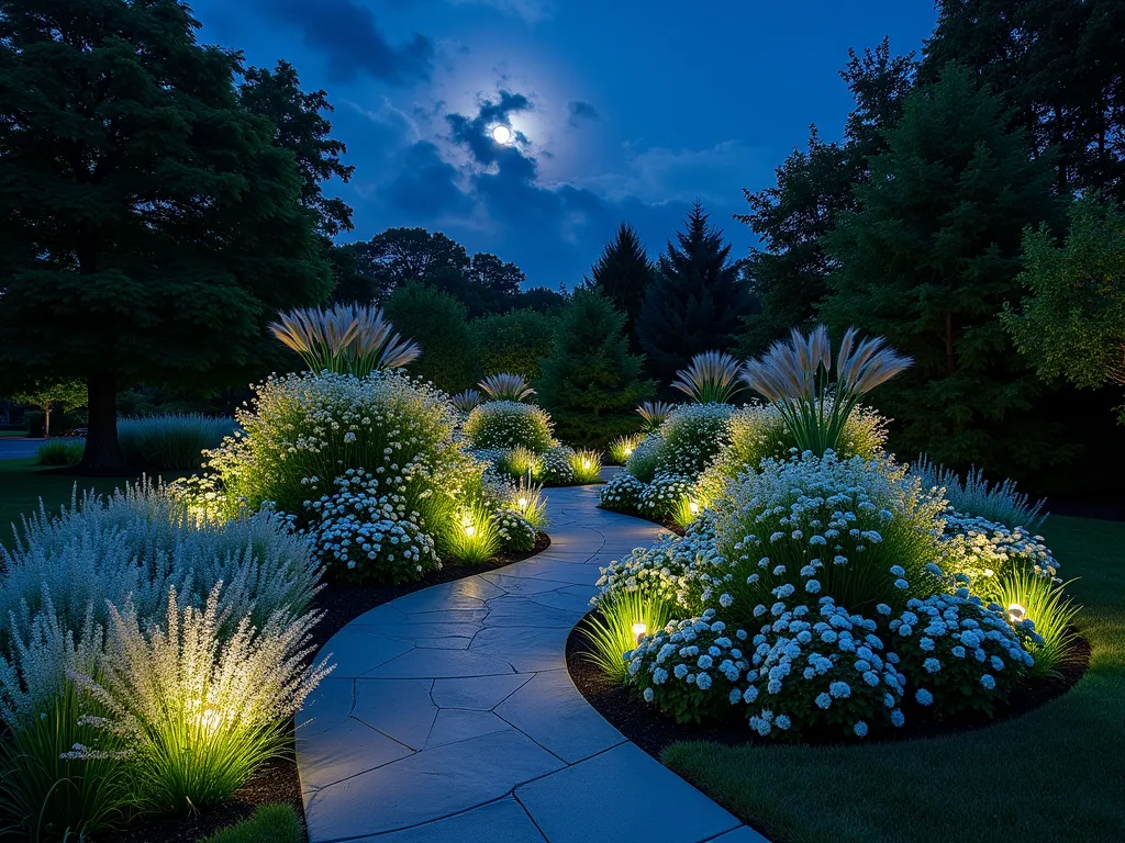 Enchanted Moonlight Garden Mound - A magical nighttime garden scene featuring a gently sloping garden mound illuminated by strategic uplighting, photographed with a 16-35mm lens at f/2.8, ISO 400. The mound is adorned with cascading white flowering plants including Moon Flowers, White Petunias, and Silver Artemisia creating an ethereal glow. Soft landscape lighting casts dramatic shadows while illuminating the silvery foliage of Dusty Miller and Lamb's Ear. The curved path leads to the mound's peak, bordered by luminescent white Cosmos and Japanese Silver Grass swaying in the evening breeze. The wide-angle perspective captures the entire moonlit garden scene with a starry night sky above, creating a dreamy, enchanted atmosphere.