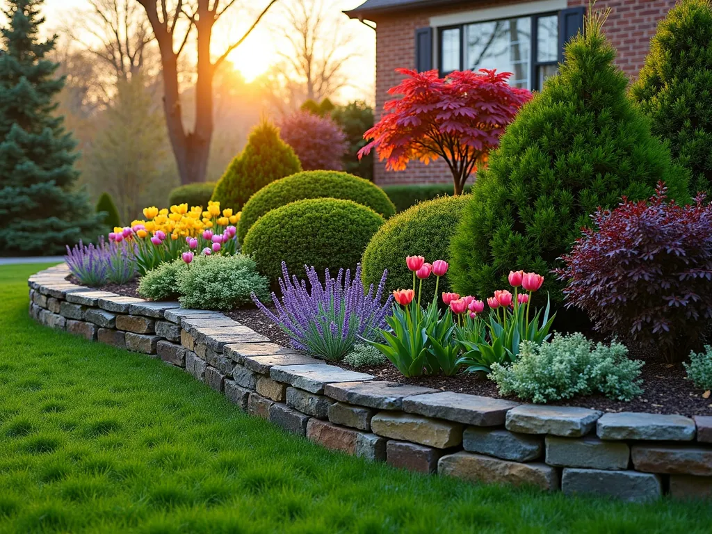 Four-Season Garden Mound at Dawn - A professionally photographed garden mound at dawn, bathed in soft golden light, showcasing layered planting with dwarf evergreen conifers at the crown, surrounded by winterberry holly bushes with bright red berries. Purple and yellow spring tulips emerge through the lower slopes, while pink echinacea and blue Russian sage create summer interest in the middle layer. Japanese maple with brilliant burgundy fall foliage anchors one side. Natural stone retaining edges define the curved slopes. Captured with a wide-angle lens showing the entire mound composition within a manicured residential backyard setting, morning dew glistening on the plants, 16-35mm, f/2.8, ISO 400, photorealistic quality.