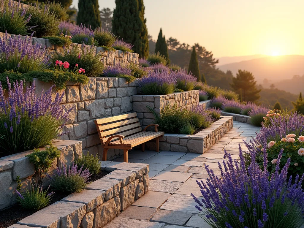 Fragrant Terraced Garden Mound at Sunset - A stunning terraced garden mound photographed during golden hour, featuring cascading levels of blooming lavender, climbing roses, and aromatic herbs. The natural stone-faced terraces create a gentle slope with winding pathways. Purple and pink lavender sways in the warm evening breeze, while climbing roses in soft peach and white colors adorn the terrace walls. Fresh herbs including rosemary, sage, and thyme spill over the edges of each level. Soft natural lighting casts long shadows across the textured landscape, with subtle lens flare highlighting the ethereal atmosphere. The composition is captured from a three-quarter view angle, showing both the height and depth of the terraced mound against a warm sunset sky, with a rustic wooden bench nestled into one of the terraces. The garden has a Mediterranean-inspired design with weathered stone elements and copper garden accessories. Photorealistic, highly detailed, with atmospheric depth.