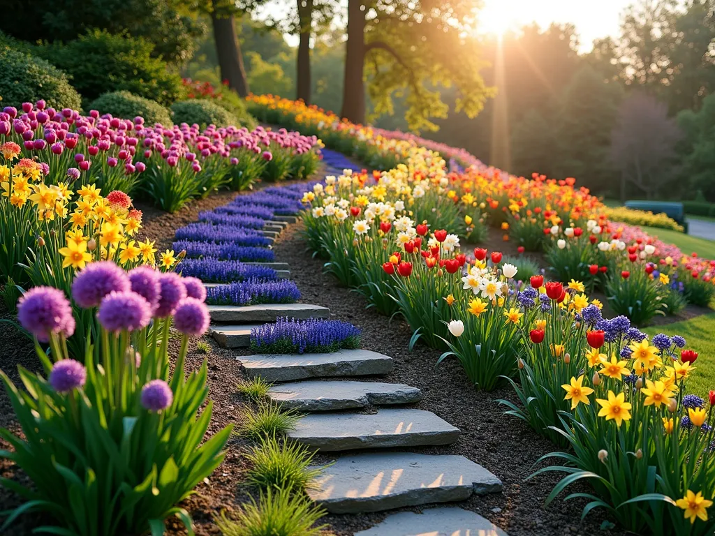 Layered Bulb Garden Mound at Sunset - A gently sloping garden mound photographed during golden hour, featuring waves of colorful flowering bulbs cascading down the slope. In the foreground, vibrant purple alliums stand tall among blooming daffodils and tulips in shades of yellow, pink, and red. The middle section showcases grape hyacinths creating a river of blue, while the background reveals emerging summer lilies and gladioli. Natural stone steps wind through the display, and ornamental grasses provide texture between blooming sections. Shot with a wide-angle lens capturing the entire mound's sweeping design, with soft sunset light creating long shadows and highlighting the flowers' petals. The composition shows careful layering of early to late-season bulbs, suggesting continuous seasonal interest.