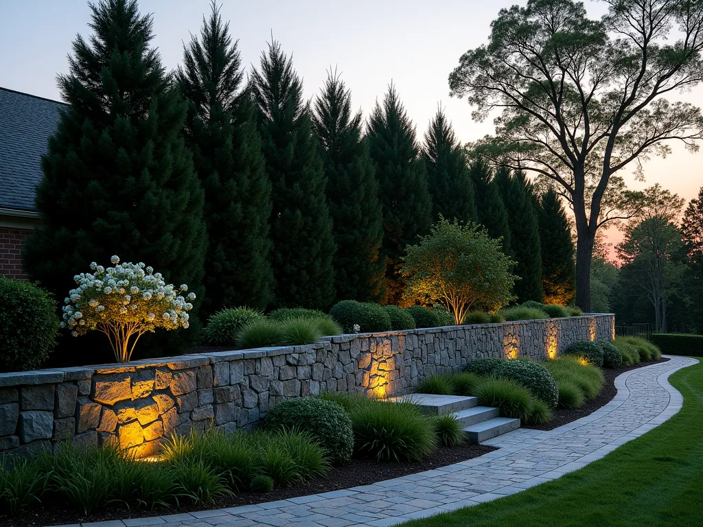 Layered Sound Buffer Garden Berm - A tranquil twilight scene of an elegantly curved garden berm acting as a natural sound barrier, photographed in wide angle. The 6-foot-tall earthen mound features a sophisticated layered design with mature Norwegian Spruce trees creating a dense backdrop, complemented by mid-level Rhododendrons and Viburnum shrubs. The foreground showcases cascading waves of ornamental grasses and creeping juniper ground cover. Soft landscape lighting illuminates the textural plantings, creating dramatic shadows and highlighting the natural contours of the berm. A peaceful stone pathway winds along the base, while the setting sun casts a warm golden glow across the scene, emphasizing the berm's role as both a functional sound barrier and an artistic landscape feature.