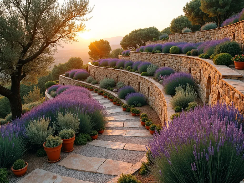 Mediterranean Terraced Garden Mound at Sunset - A stunning terraced garden mound photographed during golden hour, showcasing multiple stone-walled levels cascading down a gentle slope. The scene features abundant Mediterranean plants with blooming purple lavender fields, silver-leafed olive trees, and aromatic rosemary bushes. Natural stone steps wind through the terraces, complemented by light gravel pathways. Terracotta pots accent the corners, while drought-resistant santolina and euphorbias add texture. Captured with a wide-angle lens at f/2.8, the warm sunset light casts long shadows across the rustic stone walls, highlighting the architectural elements and creating a romantic Mediterranean atmosphere. The foreground shows detailed stonework while the background reveals the full scope of the terraced design.