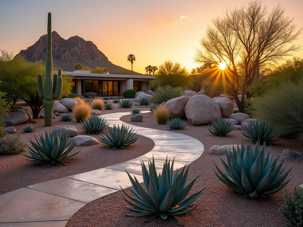 Modern Desert Mesa Garden Mound at Sunset - A stunning elevated garden mound photographed at golden hour, featuring a dramatic xeriscaped desert landscape. The mound rises organically from the ground, showcasing multiple tiers adorned with sculptural blue agaves, golden barrel cacti, and towering saguaros. Natural limestone boulders anchor the design, while crushed desert rose gravel creates winding paths. The low-angle shot captures the silhouettes of the desert plants against a warm orange sky, with careful attention to texture and shadow detail. Modern architectural elements blend seamlessly with the natural desert aesthetic. Shot with a 16-35mm lens at f/2.8, ISO 400, emphasizing the sweeping curves and dramatic elevation changes of the mound. Professional landscape photography with perfect depth of field and golden hour lighting.