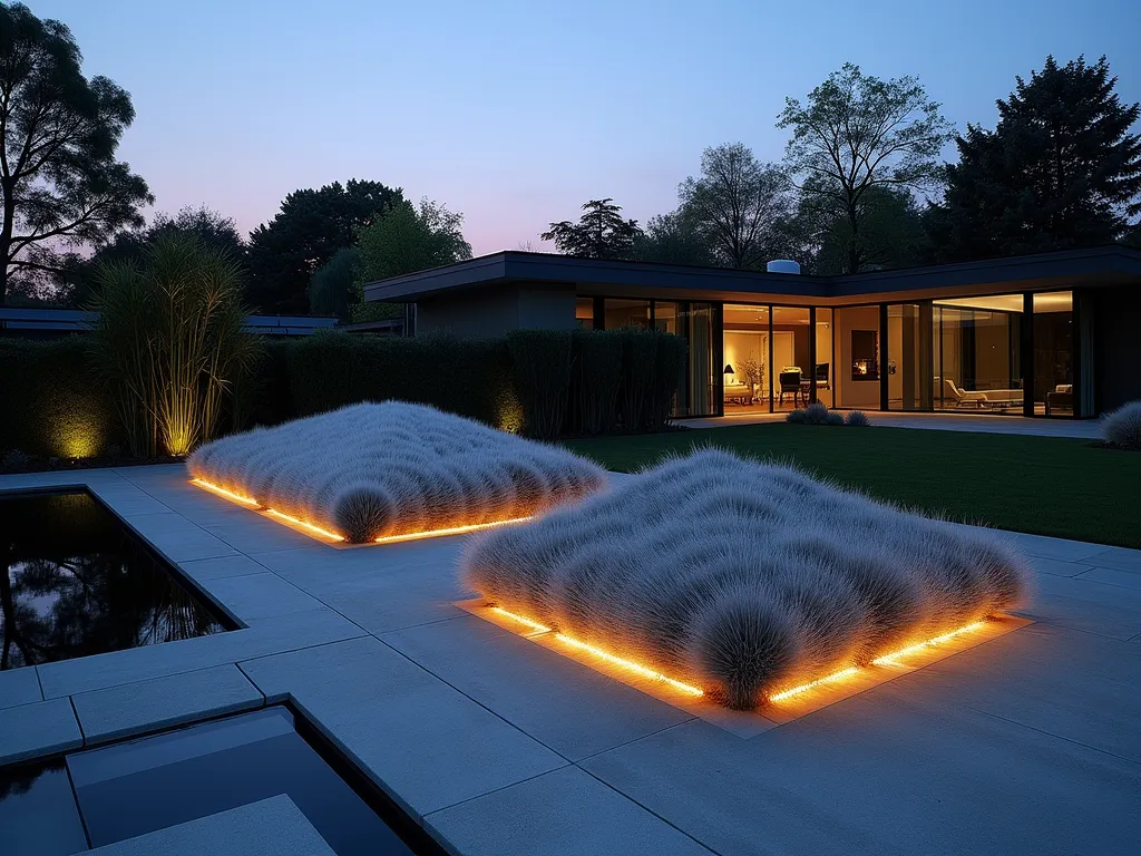 Modern Geometric Garden Mounds at Twilight - A stunning twilight photograph of three geometric garden mounds in a contemporary backyard landscape, shot with a 16-35mm lens at f/2.8, ISO 400. The angular mounds are perfectly manicured with Mexican Feather Grass creating a silvery, wave-like texture across their surfaces. Strategic uplighting casts dramatic shadows on the sculptural forms, while sleek concrete pathways weave between them. The mounds vary in height from 3-5 feet, with clean edges and precise angles forming a striking architectural statement. The background features minimalist landscaping with black bamboo creating vertical interest. A modern glass-walled house is partially visible in the soft evening light, its reflection appearing in a nearby reflection pool that mirrors the illuminated mounds.