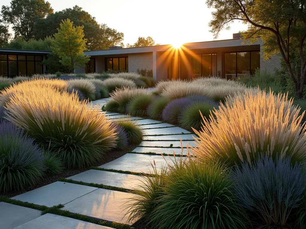 Modern Grass Wave Mounds at Sunset - A stunning wide-angle DSLR photograph of contemporary garden mounds shaped in gentle, fluid waves, captured during golden hour. Multiple undulating mounds of varying heights (2-4 feet) are planted with contrasting ornamental grasses including tall, silvery Miscanthus sinensis, purple Pennisetum setaceum, and flowing Mexican Feather Grass. The grasses catch the warm evening light, creating a mesmerizing interplay of shadows and highlights across their flowing forms. The modern landscape design features clean lines and sculptural qualities, with the grass varieties arranged in sweeping curves that emphasize the mounds' wave-like nature. Shot at f/8 with natural lighting highlighting the textural contrast between different grass varieties, while maintaining sharp detail throughout the composition. The background shows glimpses of a contemporary home with large windows reflecting the sunset.