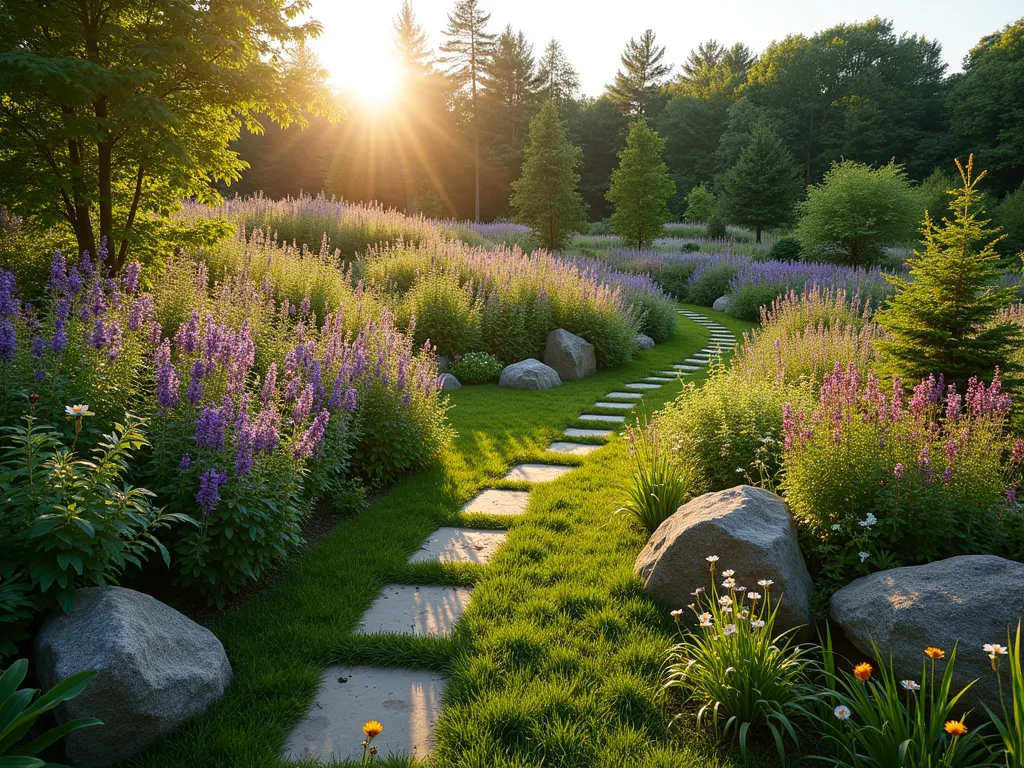 Native Plant Biodiversity Garden Mound - A stunning wide-angle DSLR photograph of a gently sloping garden mound at golden hour, captured at f/8. The naturalistic mound features layers of native wildflowers, including purple coneflowers, black-eyed susans, and native grasses creating a meadow-like appearance. Small stepping stones wind through the mound, while butterflies and bees hover over the blooms. The foreground shows textural sedges and low-growing native ground covers, while the background reveals taller native perennials and flowering shrubs arranged in organic drifts. Natural boulders are artfully placed throughout, providing habitat for small wildlife. Soft evening light casts long shadows across the scene, highlighting the varied topography and plant textures. A hummingbird feeder among native cardinal flowers adds a focal point.