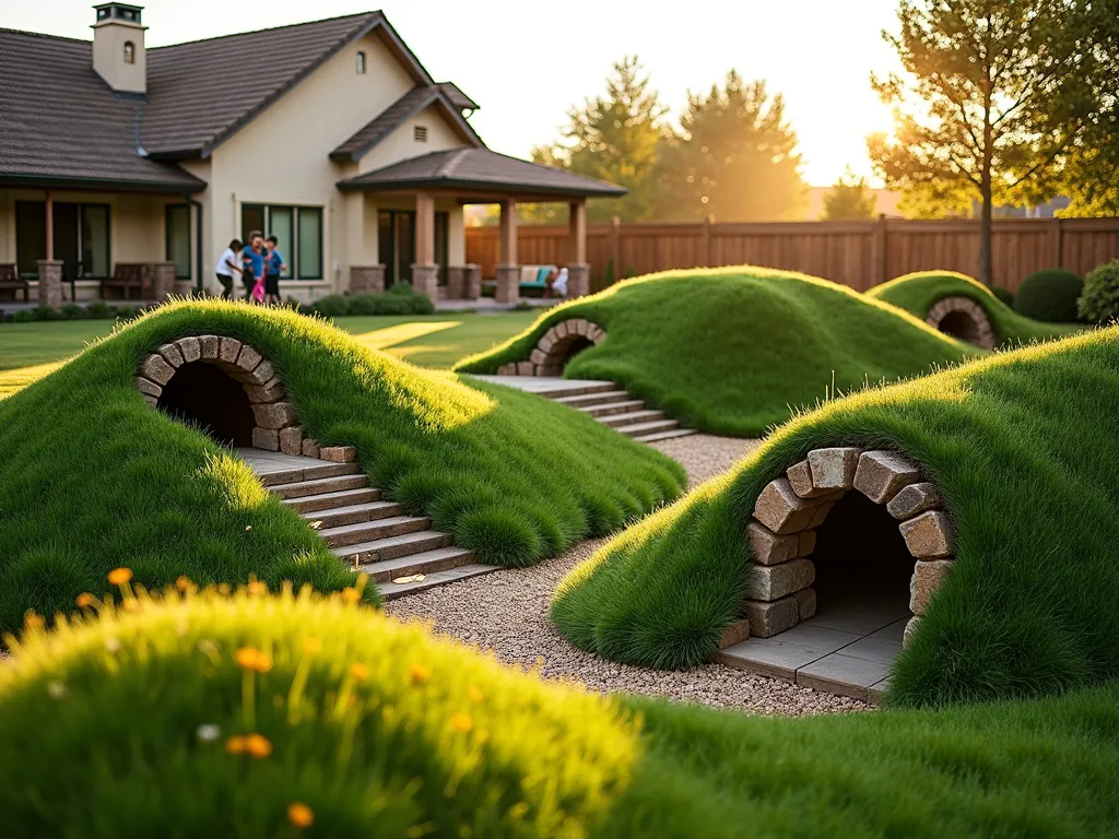 Natural Children's Play Mound Paradise - A stunning late afternoon landscape photograph of a series of flowing grass-covered mounds in a spacious backyard, captured with golden sunlight casting gentle shadows. Three organically shaped hills of varying heights (2-4 feet) are connected by a natural wooden climbing bridge and feature a built-in slide seamlessly integrated into one slope. A tunnel with natural stone entrances runs through the largest mound. The mounds are adorned with drought-resistant fescue grass and bordered by native wildflowers. Children are playing in soft focus in the background, while the foreground emphasizes the sculptural quality of the landscape design. Professional DSLR photo with perfect exposure, showing the natural integration of play elements with garden architecture, f/8, ISO 100, 1/125 speed, wide-angle perspective capturing the entire play area installation.