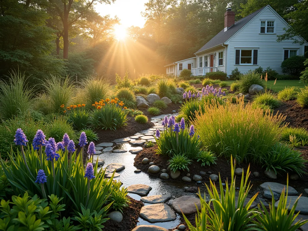 Natural Rain Garden with Flowing Mounds - A serene dawn photograph of a beautifully designed rain garden depression in a residential backyard, shot at f/8 with morning mist. The garden features gentle, naturalistic earthen mounds creating a bowl-like depression filled with clusters of Joe Pye weed, marsh marigolds, and blue iris in full bloom. Native grasses cascade down the mound slopes, catching golden morning light. A meandering stone path leads viewers through the space, while strategically placed river rocks guide water flow. Dewdrops glisten on plant foliage, suggesting recent rainfall. The wide-angle composition shows the garden's integration with the surrounding landscape, including a partial view of the house, while capturing the subtle grade changes and natural woodland edge beyond.