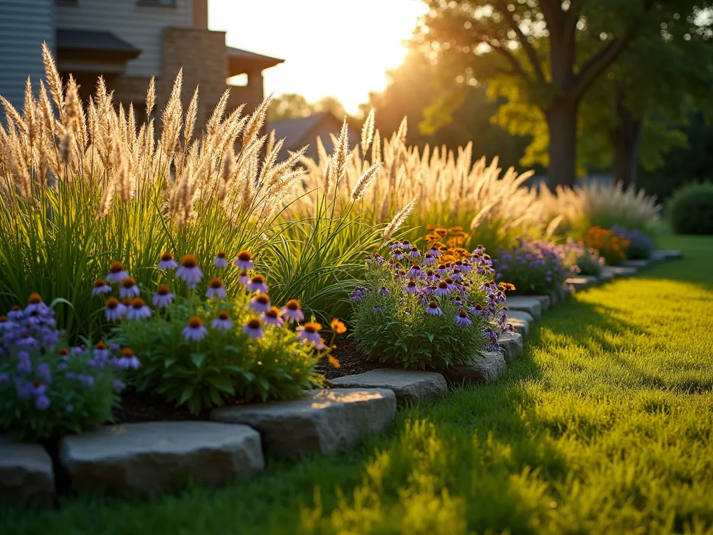 Prairie Grass Mound at Golden Hour - A stunning DSLR wide-angle photograph of a gently sloping garden mound in a residential backyard, captured during golden hour. The mound is artfully landscaped with flowing waves of native prairie grasses including feather reed grass and little bluestem, creating natural movement in the evening breeze. Purple coneflowers, black-eyed susans, and butterfly milkweed provide vibrant pops of color throughout. The low-lying sun casts long shadows and bathes the scene in warm golden light, highlighting the wispy seed heads of the grasses. The mound rises approximately 3 feet high with natural stone borders partially visible at its base. Depth of field captures both the detailed texture of the grasses in the foreground and the entire flowing landscape composition.