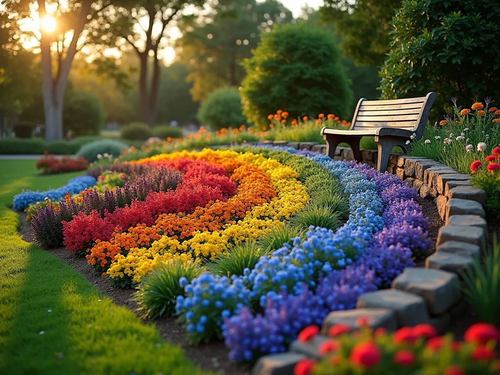 Rainbow Flower Mound Garden - A breathtaking wide-angle DSLR photograph of a gently sloping garden mound at golden hour, featuring curved bands of flowering plants arranged in a rainbow pattern. Starting from the bottom: deep purple salvias and delphiniums, flowing into blue hydrangeas and lobelia, transitioning to green ornamental grasses, followed by bands of yellow daylilies and black-eyed susans, orange marigolds and lantana, and crowned with vibrant red zinnias and cardinal flowers. The mound rises approximately 3 feet high with natural stone retaining edges, set against a blurred background of mature trees. Soft evening sunlight casts long shadows and creates a magical glow across the flowing floral rainbow, while a rustic wooden bench sits thoughtfully placed to one side, offering a perfect viewing spot. Shot at f/8 with subtle depth of field, capturing the intricate details of the flowers while maintaining overall landscape composition.