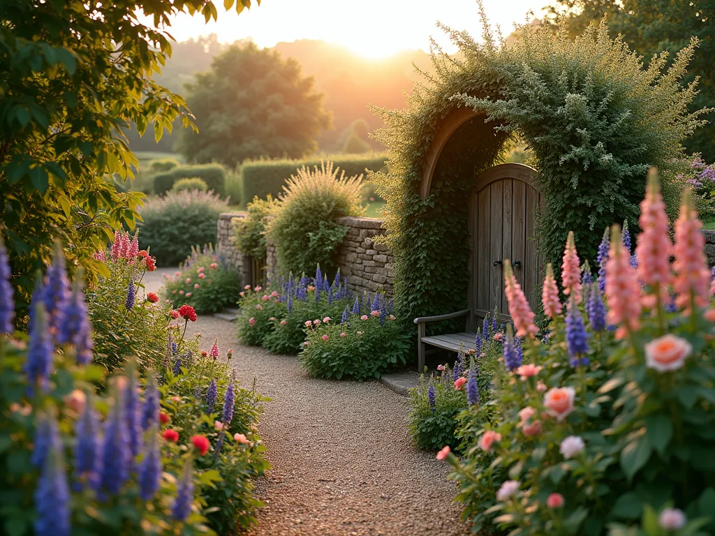 Enchanting Cottage Garden Mound at Dawn - A DSLR wide-angle photograph capturing a charming cottage garden mound at dawn, with golden morning light filtering through climbing David Austin roses on weathered wooden arches. The gently sloping hillock features winding gravel paths leading to a hidden rustic wooden bench nestled among towering delphiniums, foxgloves, and lavender. Cottage garden favorites like hollyhocks, Russian sage, and salvias create layers of height and texture. A vintage iron gate covered in clematis marks the entrance, while traditional English roses and bellflowers spill over natural stone retaining walls. The composition shows depth with perfectly focused flowers in the foreground and a misty garden backdrop, captured at f/8 with morning dew glistening on the petals.