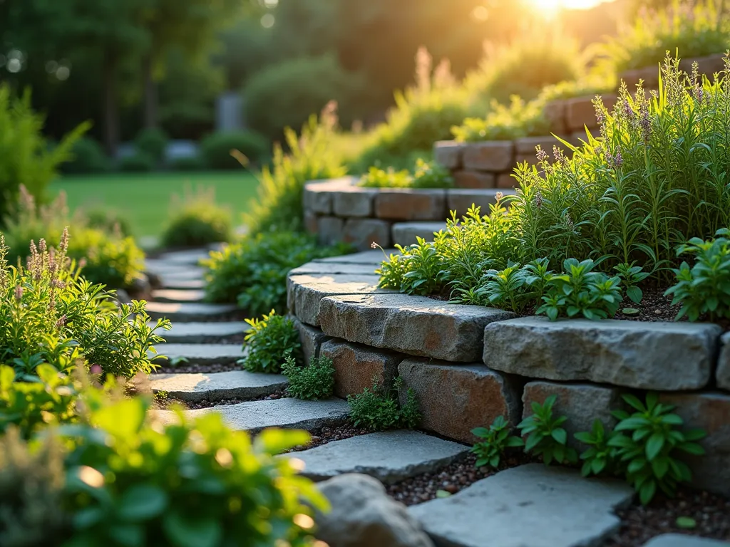 Spiral Herb Garden Mound at Sunset - A stunning close-up view of a spiral-shaped garden mound at golden hour, featuring multiple tiers of fresh herbs arranged in a beautiful ascending pattern. The spiral structure, made of natural stone, rises 3 feet high with meandering paths between plantings. Mediterranean herbs like rosemary and lavender grace the sun-exposed upper tiers, while shade-loving parsley and mint flourish in the lower sections. Soft evening sunlight casts gentle shadows across the textured stone walls, highlighting the varying heights and creating a magical atmosphere. Small stepping stones wind through the spiral, with thyme spilling over their edges. The structure is perfectly positioned in a serene backyard setting with filtered natural light enhancing the various green hues of the herbs, creating a harmonious and functional garden feature. Photorealistic, high detail, magical atmosphere.