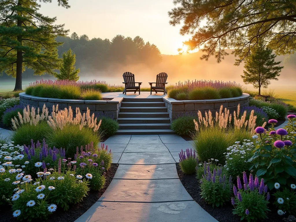 Tranquil Dawn Garden Mound Retreat - A serene garden scene at dawn, featuring an elegantly curved elevated mound with natural stone steps leading to a cozy circular seating area at the summit. The mound is adorned with layers of morning glory, lavender, and ornamental grasses catching the first golden rays of sunrise. Two comfortable Adirondack chairs face east, surrounded by a dreamy mix of pink and purple echinacea, white daisies, and delicate Japanese forest grass swaying in the morning breeze. Low-lying mist adds atmosphere while the rising sun casts long shadows across the dewy landscape. The composition is photographed from a three-quarter elevated angle, capturing both the architectural flow of the mound and the intimate seating area, styled in a modern cottage garden aesthetic.