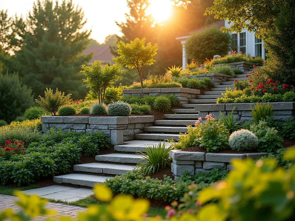 Terraced Edible Forest Mound at Sunset - A stunning terraced garden mound photographed during golden hour, featuring multiple levels of edible landscaping. The mound rises gracefully with stone-edged terraces, where mature dwarf apple and pear trees crown the top level. The middle terrace showcases blueberry and raspberry bushes in full fruit, while the lower level spreads with a tapestry of strawberry plants and herbs. Natural stone steps wind through the levels, and the late afternoon sun casts long shadows across the textured landscape. The composition is captured with a wide-angle perspective showing the entire mound structure within a residential backyard setting, with the warm sunlight highlighting the lush, productive ecosystem. Shot with shallow depth of field to create a dreamy atmosphere, with the background softly blurred. 16-35mm lens, f/2.8, ISO 400.