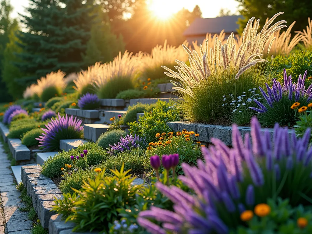 Terraced Garden Slope with Native Plants - A wide-angle shot of a gently sloping garden mound at golden hour, showcasing multiple tiers of erosion control landscaping. Deep-rooted native grasses cascade down the engineered slope in waves of purple and gold. Stone retaining walls create natural-looking terraces, while creeping juniper and flowering sedums spread across the surface. Purple coneflowers and black-eyed susans add pops of color among the swaying ornamental grasses. Natural stone steps weave through the design, and morning dew catches the warm light on the ground cover plants. The entire scene demonstrates both practical erosion control and artistic landscape design, photographed with a slight elevation to capture the flowing layers.