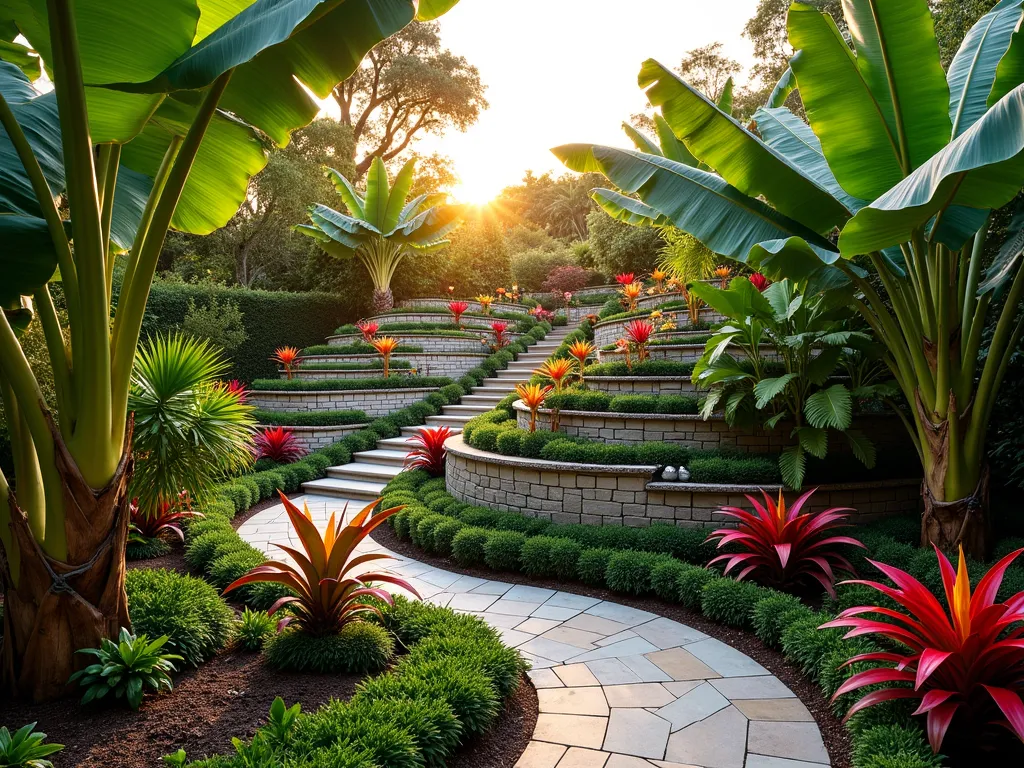 Terraced Tropical Mound Paradise - A stunning wide-angle view of a terraced garden mound at golden hour, featuring multiple cascading levels adorned with lush tropical plants. Majestic banana trees with large leaves tower from the highest tier, while vibrant bird of paradise flowers and colorful bromeliads create dramatic focal points throughout. Stone retaining walls covered in trailing philodendrons separate each level, with hidden drip irrigation lines discretely visible. Elegant curved pathways wind between the terraces, lined with dramatic red cordylines and variegated giant taro plants. The scene is backlit by warm sunset light filtering through the banana leaves, creating a magical tropical atmosphere in a residential backyard setting. The professional landscape photography style captures the rich textures and architectural elements of the mounded garden design.