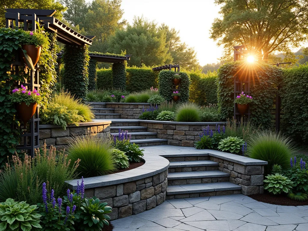 Multi-Level Vertical Garden Mound at Sunset - A dramatic wide-angle shot of a terraced garden mound at golden hour, featuring three curved tiers adorned with lush vegetation. The mound incorporates dark wooden trellises covered in flowering clematis and jasmine. Wall-mounted copper planters cascade with trailing ivy and ferns. The lowest tier showcases colorful perennials, while the middle tier features ornamental grasses and lavender. The top tier is crowned with climbing roses on an arched trellis. Natural stone retaining walls separate each level, with built-in steps winding through the design. Soft sunset lighting casts long shadows across the textured landscape, highlighting the vertical dimension and creating a sophisticated, architectural garden feature. Photorealistic, high-end landscape photography style, 8K resolution.