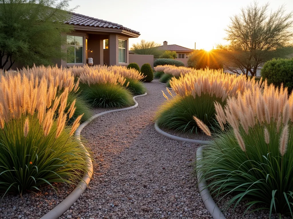 Undulating Grass Wave Garden Mound - A sweeping wide-angle DSLR photograph of an artistically designed garden mound at golden hour, featuring graceful waves of drought-resistant ornamental grasses in varying heights. The undulating mound creates natural curves across the landscape, with Mexican Feather Grass, Blue Oat Grass, and Purple Fountain Grass swaying in gentle motion. The mound is accented with smooth river rock gravel mulch that winds between the grasses, creating a dry stream effect. Soft evening sunlight filters through the grass plumes, casting golden shadows across the terrain. Modern drip irrigation lines are subtly visible among the gravel. The composition shows the mound as part of a larger xeriscaped backyard, with the grasses creating a stunning textural wave pattern against a background of desert sky.