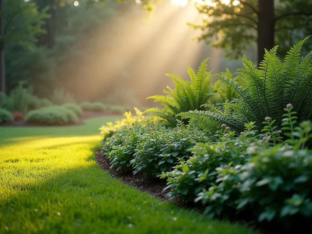 Natural Woodland Edge Berm at Dawn - A professional landscape photograph of a gently sloping garden berm at dawn, creating a natural woodland edge transition. The curved mound is adorned with layers of native ferns, bleeding hearts, and wood anemones in the foreground, while compact woodland shrubs like serviceberry and witch hazel create height in the middle ground. Morning mist hovers delicately over the naturalistic planting, with dew drops glistening on unfurling fern fronds. Dappled early morning sunlight filters through the canopy, creating dramatic shadows across the woodland garden. Shot with a wide-angle lens at f/2.8, capturing the entire transition from manicured lawn to wild woodland edge, with a dreamy bokeh effect in the background. The composition follows the graceful curve of the berm, emphasizing its role as a seamless bridge between formal and natural garden spaces.