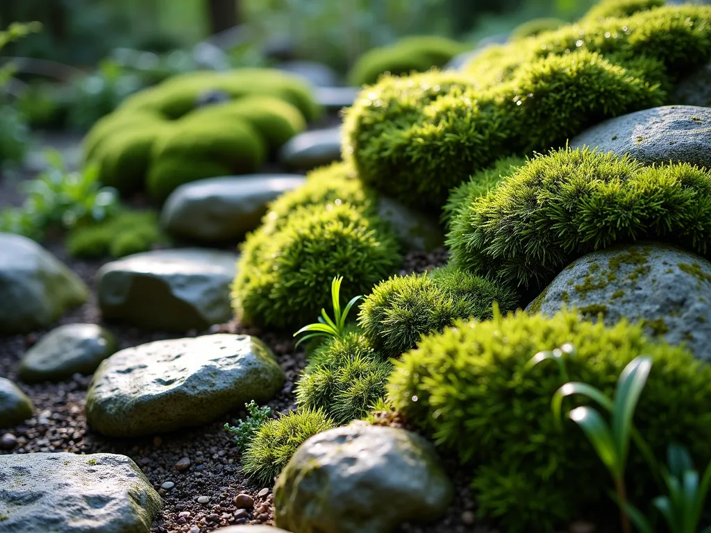 Serene Woodland Moss Stone Mound - Close-up shot of a naturalistic garden mound in dappled morning light, featuring layers of emerald green cushion moss, silvery sheet moss, and star moss cascading over weathered granite stones. Ancient lichen-covered rocks of varying sizes create gentle elevation changes, while delicate ferns peek through the moss-covered crevices. Moisture droplets glisten on the velvety moss surface, creating a tranquil Japanese garden aesthetic in a shaded woodland setting. Dark, rich soil visible between stones adds depth and contrast.