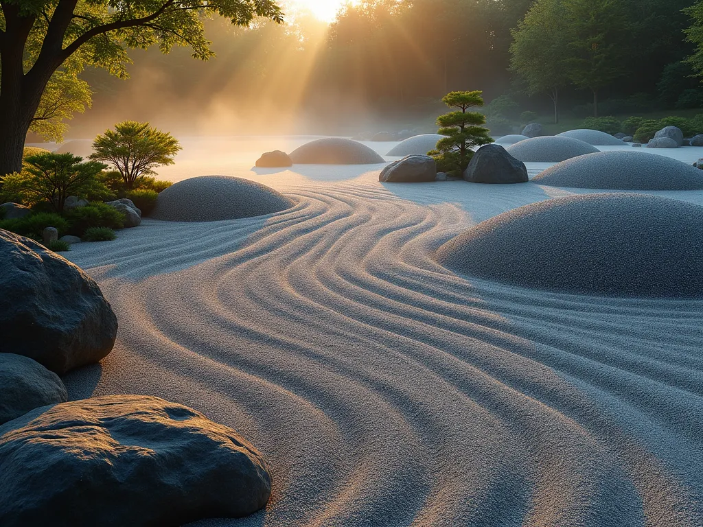 Zen Garden Gravel Mound at Dawn - A serene Japanese-inspired garden landscape at dawn, featuring elegantly curved gravel mounds with precise rake patterns flowing like rippling water. Dark granite boulders strategically placed among the mounds cast long shadows in the soft morning light. Minimal plantings of dwarf Japanese maples and ornamental grasses provide subtle touches of organic movement. Shot with a wide-angle perspective showcasing the entire contemplative space, with morning mist hovering just above the gravel surface. Clean lines and geometric patterns emphasize the meditative nature of the space, while the golden dawn light creates dramatic shadows across the raked gravel patterns. Professional landscape photography, 16-35mm lens, f/2.8, ISO 400, crisp detail, atmospheric lighting.