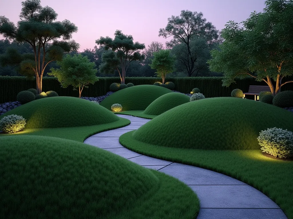 Japanese-Inspired Zen Garden Mounds at Twilight - A serene Japanese-inspired garden featuring three undulating grass-covered mounds of varying heights, perfectly manicured with emerald Kentucky bluegrass. Captured at twilight with modern ground-level LED lighting casting dramatic shadows across the curved surfaces. Smooth granite stepping stones weave between the mounds, leading to a simple wooden meditation bench. Minimalist bamboo plants and cloud-pruned Japanese holly create subtle vertical elements. Shot from a low angle with a wide-angle lens, emphasizing the flowing curves against a dusky purple sky. The composition shows sophisticated landscape architecture with clean lines and careful attention to negative space, embodying the principle of 'ma' in Japanese design. Soft ambient lighting creates a mystical atmosphere, with the mounds appearing to float in the twilight. 8K, photorealistic, architectural photography.