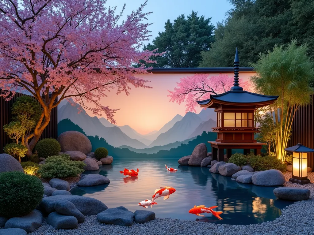 Serene Japanese Garden Mural at Twilight - A stunning wide-angle DSLR photo of a backyard garden mural at twilight, featuring a dreamy Japanese-inspired landscape painted in soft watercolor style. The large mural depicts delicate pink cherry blossoms cascading over a traditional wooden pagoda, with vibrant koi fish swimming in a stylized pond below. Gentle lighting illuminates the mural while actual bamboo plants and Japanese maples cast ethereal shadows across its surface. The composition shows the mural integrated seamlessly with a zen garden space, complete with a small stone lantern and carefully arranged river rocks. Shot at f/8 with natural twilight creating a magical ambient glow, highlighting the artistic details and peaceful atmosphere of the space.