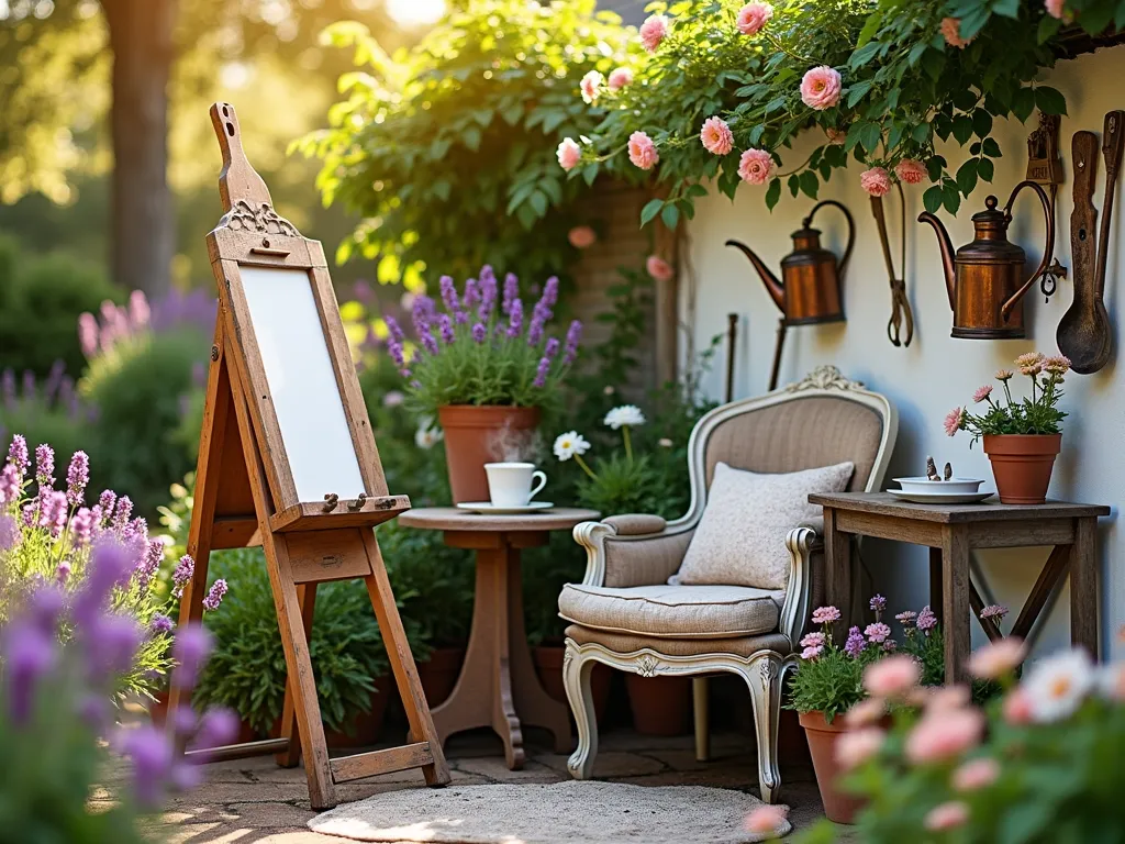 Artistic Garden Nook at Golden Hour - A cozy garden corner bathed in warm golden hour sunlight, featuring a vintage wooden easel positioned near a weathered French garden chair. A rustic wooden side table holds art supplies and a steaming cup of tea. The space is surrounded by a harmonious blend of purple lavender, pink cosmos, and white daisies in aged terracotta pots. Antique copper watering cans and hand-painted garden tools adorn the whitewashed garden wall. A climbing rose in soft peach tones frames the scene, while dappled light filters through a nearby maple tree. Shot with a wide-angle lens at f/2.8, creating a dreamy bokeh effect that highlights the artist's sanctuary. Photographed from a 45-degree angle to capture both the intimate seating area and the vertical garden elements.