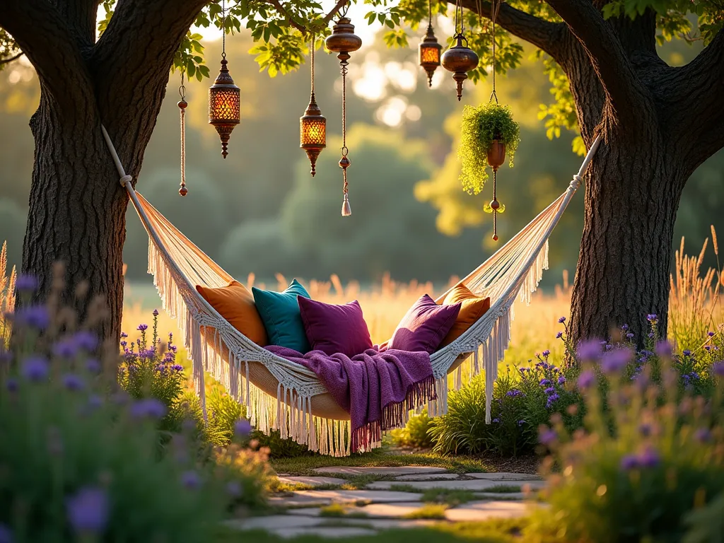 Bohemian Garden Hammock Retreat - A dreamy dusk scene capturing a cozy garden nook featuring a handwoven white macramé hammock suspended between two mature oak trees. The hammock is adorned with richly colored bohemian cushions in deep purples, burnt oranges, and emerald greens. Surrounding the space, tall ornamental grasses sway gently, while patches of purple coneflowers, black-eyed susans, and lavender create a wild, meadow-like atmosphere. Vintage-style copper Moroccan lanterns hang at varying heights from the tree branches, casting warm, intricate shadows. Multiple macramé plant hangers display cascading pothos and string of pearls. The scene is captured from a wide angle, showing the entire nook bathed in the golden hour light filtering through the trees, creating a magical, ethereal atmosphere. Shot with shallow depth of field to emphasize the cozy, intimate nature of the space.