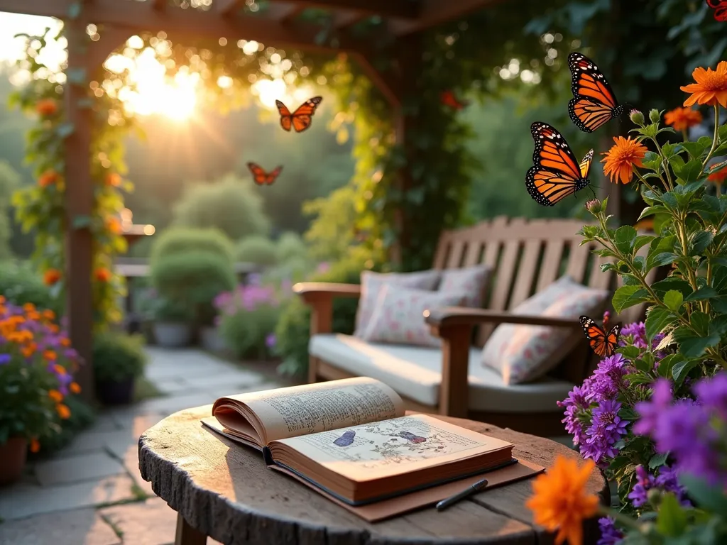 Serene Butterfly Garden Nook - A cozy garden nook featuring an intimate seating area with a weathered wooden bench and plush cushions, surrounded by vibrant butterfly-attracting plants. The scene is captured during golden hour, with warm sunlight filtering through a wooden pergola adorned with climbing lantana. In the foreground, a butterfly bush in full bloom sways gently, attracting several monarch butterflies. A rustic wooden side table holds a leather-bound nature journal, pen, and vintage botanical illustrations. Purple and orange lantana flowers create a colorful border, while decorative garden stakes with butterfly designs add whimsy. A small water feature provides gentle background ambiance. The perspective is a medium-wide shot that captures both the intimate seating area and the surrounding garden elements, with soft bokeh effect highlighting the dancing butterflies.