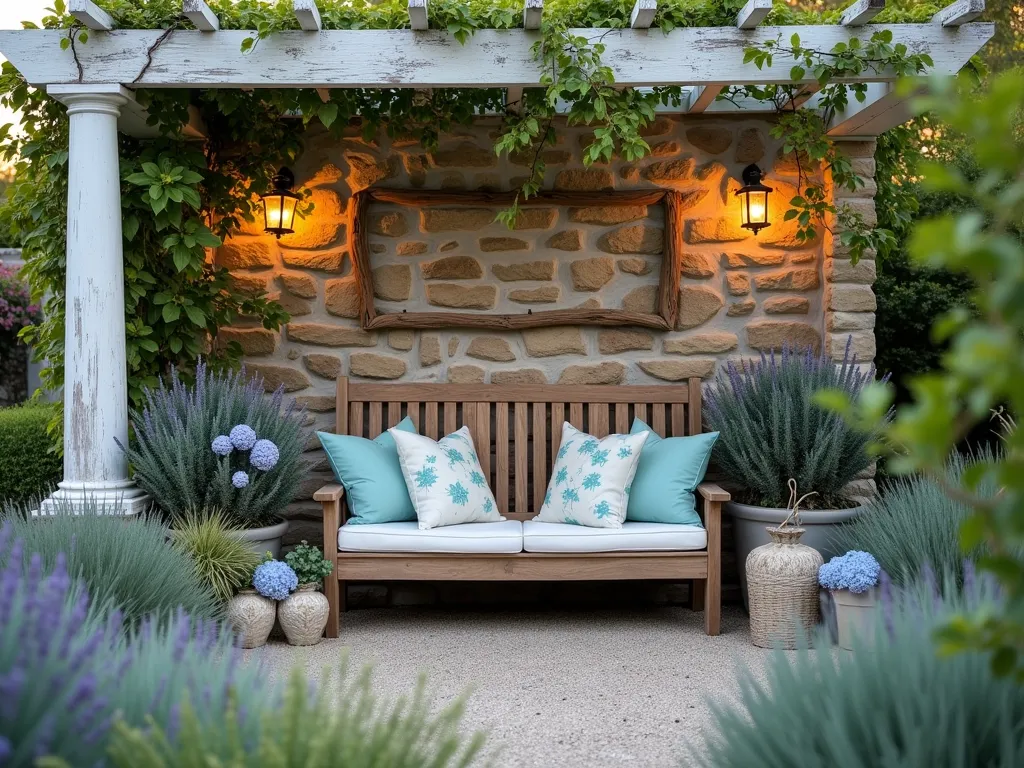 Serene Coastal Garden Nook - A cozy garden nook at golden hour, photographed with a wide-angle lens capturing a weathered teak loveseat nestled against a curved stone wall. Swaying ornamental beach grass and coastal blue fescue create a gentle movement in the foreground. Weathered driftwood pieces artfully arranged among potted blue hydrangeas and native seaside plants. Natural shell decorations and seafoam-colored throw pillows accent the space. Vintage nautical lanterns cast a warm glow, while wispy sea lavender adds soft purple touches. A distressed whitewashed pergola overhead is draped with climbing star jasmine, creating dappled light patterns. Shot at f/2.8 with soft bokeh effect highlighting the intimate seaside atmosphere.