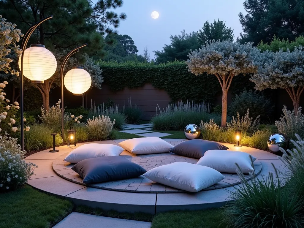 Evening Moon Garden Meditation Nook - A serene garden nook at twilight, photographed with a 16-35mm lens at f/2.8, ISO 400. White flowering moonflowers and silvery lamb's ear plants frame a circular meditation area. Large, plush gray and white floor cushions rest on a circular stone platform. Ethereal solar-powered paper lanterns hang from curved metal stands, casting a soft glow. Mercury glass orbs and mirrored gazing balls reflect the dusky light. White climbing roses and silvery artemisia create a backdrop, while Japanese forest grass sways gently in the foreground. A crescent moon is visible in the deepening blue sky, adding to the magical atmosphere. The space is intimate and cozy, perfect for evening meditation.