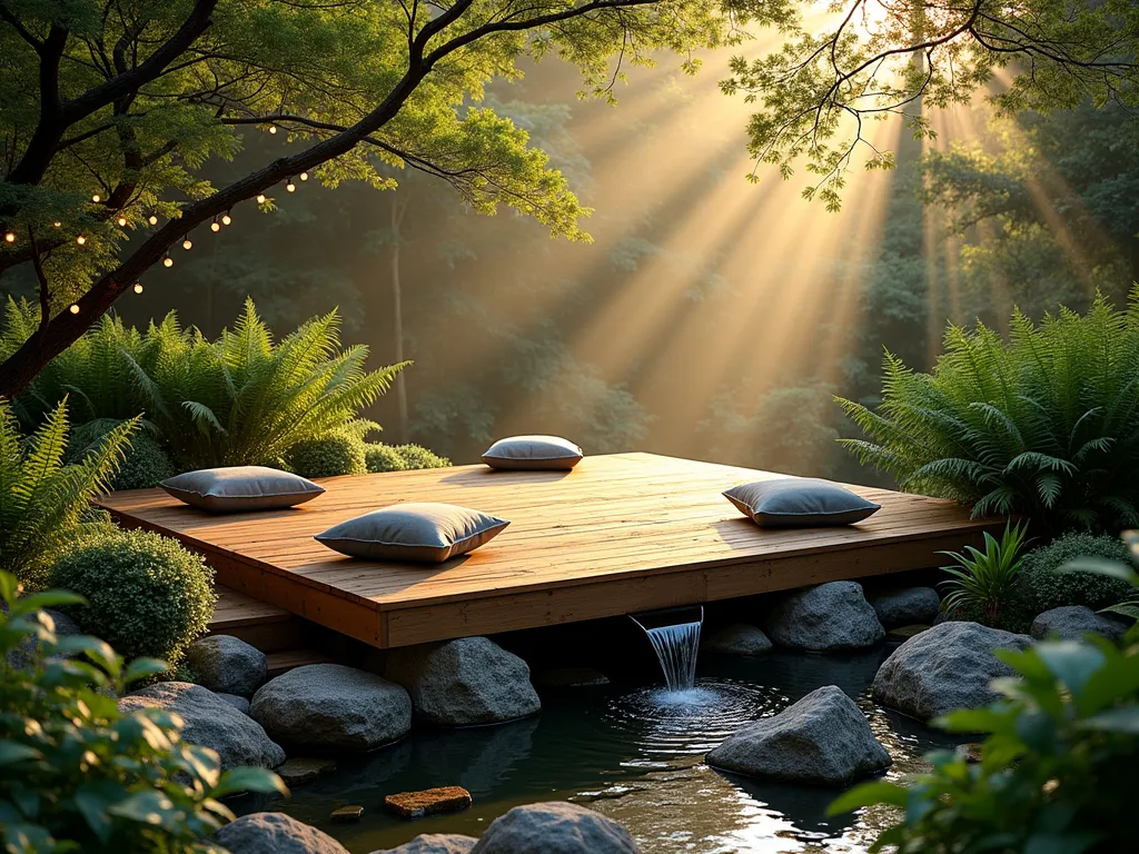 Tranquil Forest Bathing Deck at Dawn - A DSLR wide-angle photograph of an elevated wooden deck nestled in a lush garden setting at dawn, with golden morning light filtering through the surrounding trees. The intimate 12x12 foot cedar deck platform is raised 2 feet off the ground and surrounded by a verdant collection of 6-foot tall Japanese painted ferns, blue hostas, and native woodland plants. Large grey stone floor cushions and woven bamboo meditation pillows are artfully arranged on the deck. A small granite boulder water feature creates gentle cascading sounds, with morning mist rising from the water. Natural stone steps lead up to the deck, while strings of warm solar lights are delicately draped in nearby branches. The scene captures a sense of secluded tranquility and organic luxury, photographed at f/8 with natural dawn lighting highlighting the textures of the wood and foliage.