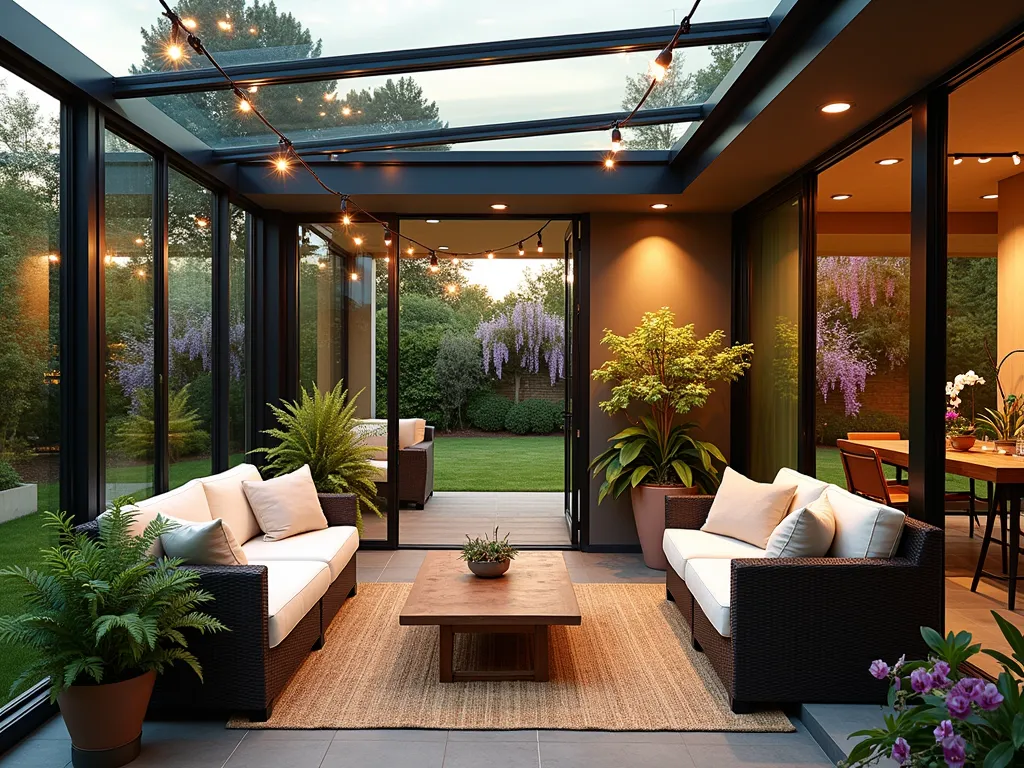 Elegant Four-Season Garden Sun Room - A stunning DSLR wide-angle photograph of a luxurious garden sun room at golden hour, featuring floor-to-ceiling glass panels and a transparent polycarbonate roof that bathes the space in warm natural light. The partially enclosed structure showcases modern sliding glass walls that can be opened to connect with the surrounding garden. Inside, plush all-weather wicker furniture with cream cushions creates a cozy seating area, accompanied by a sleek teak coffee table. The space is adorned with seasonal plants, including potted Japanese maples, trailing Boston ferns, and blooming orchids arranged at varying heights. Soft throw pillows and a woven outdoor rug add texture, while string lights draped across ceiling beams create a magical ambiance. The nook seamlessly blends with the adjacent garden, visible through the glass panels, featuring climbing roses and wisteria. Professional architectural lighting highlights the structure's clean lines as day transitions to dusk, f/8, ISO 100, 1/125 sec.